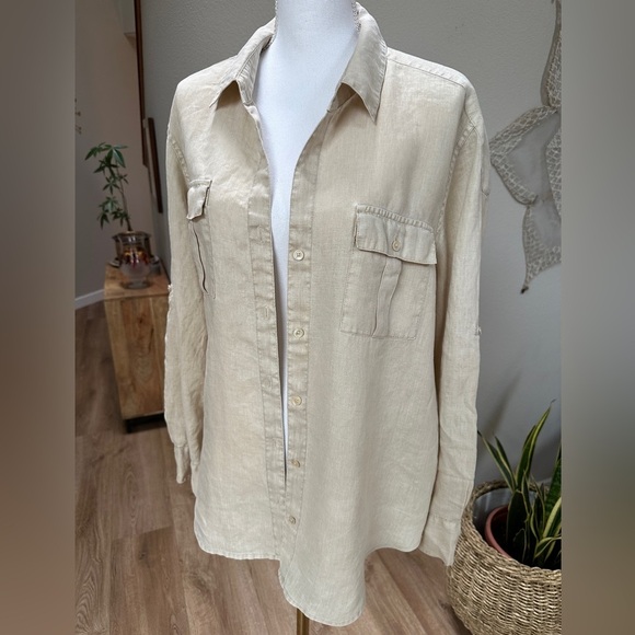 Tommy Bahama Relax Linen Button Down Utility Shirt With Roll Tab Button Sleeves - Picture 1 of 11